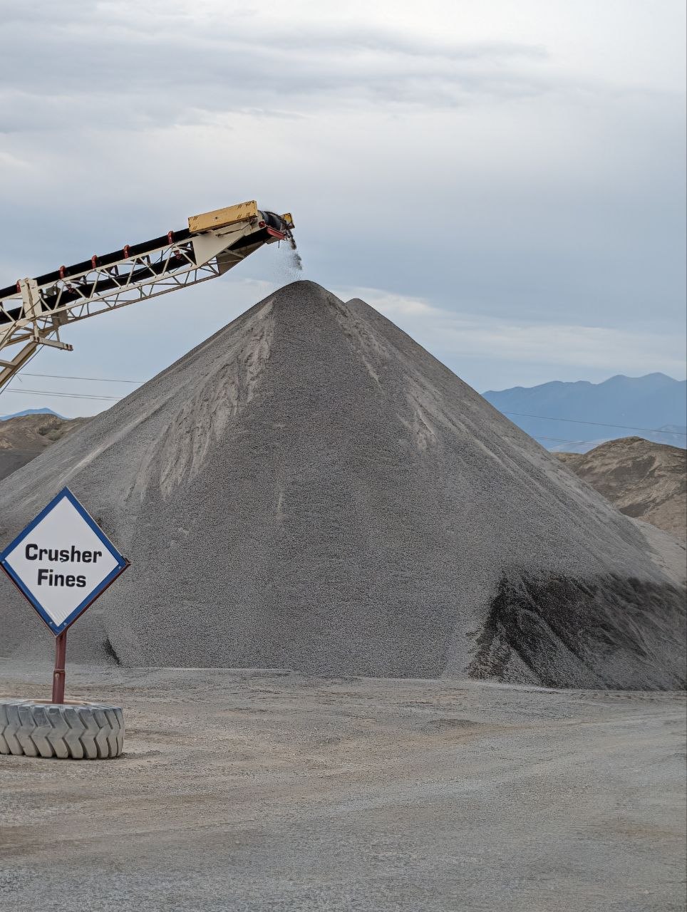 Gray crusher fines stockpile at a Utah aggregate yard